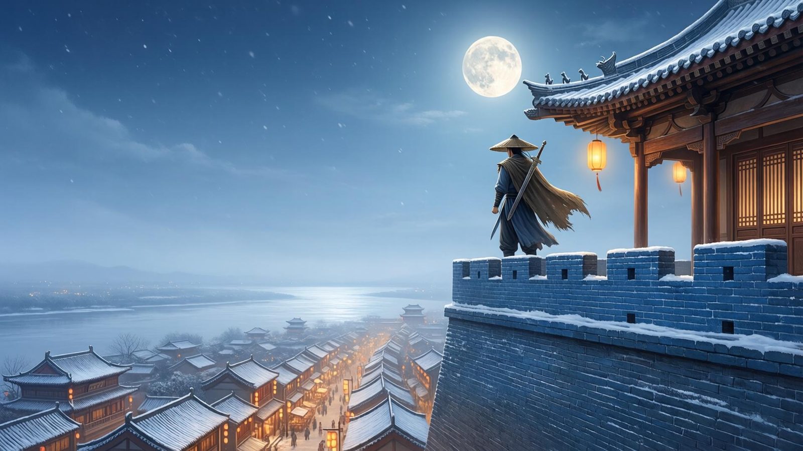 雪夜的江陵城头，斗笠剑客俯瞰城中灯火