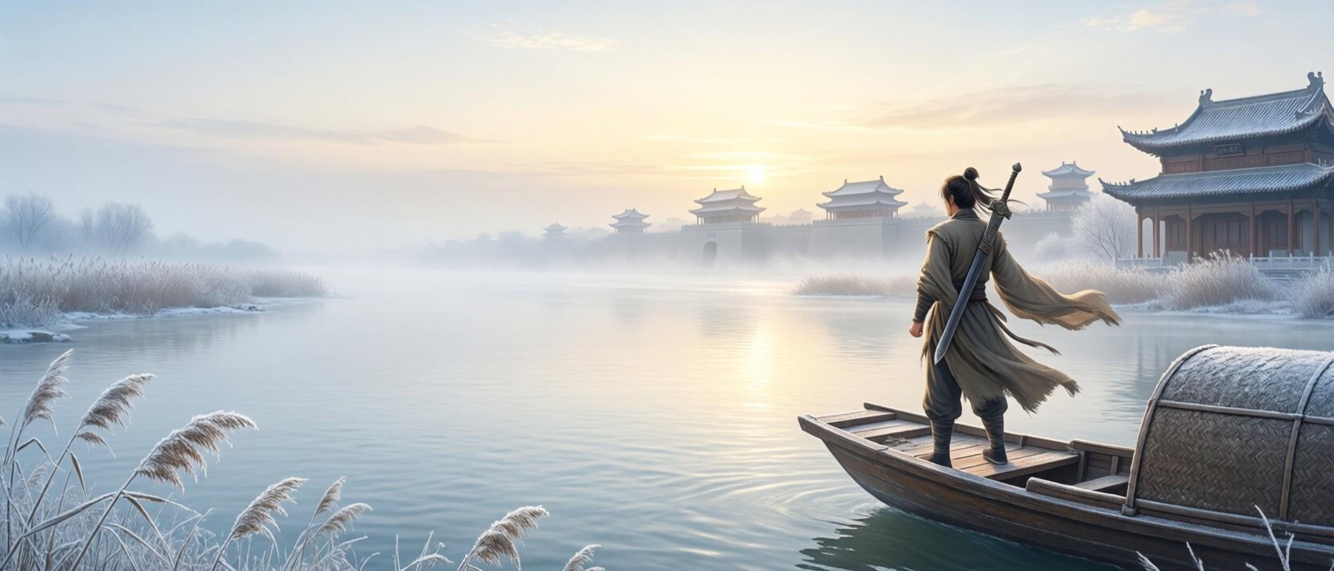 霜降清晨的寒江渡，主角背着长剑立在渡船船头，远处是江陵城墙